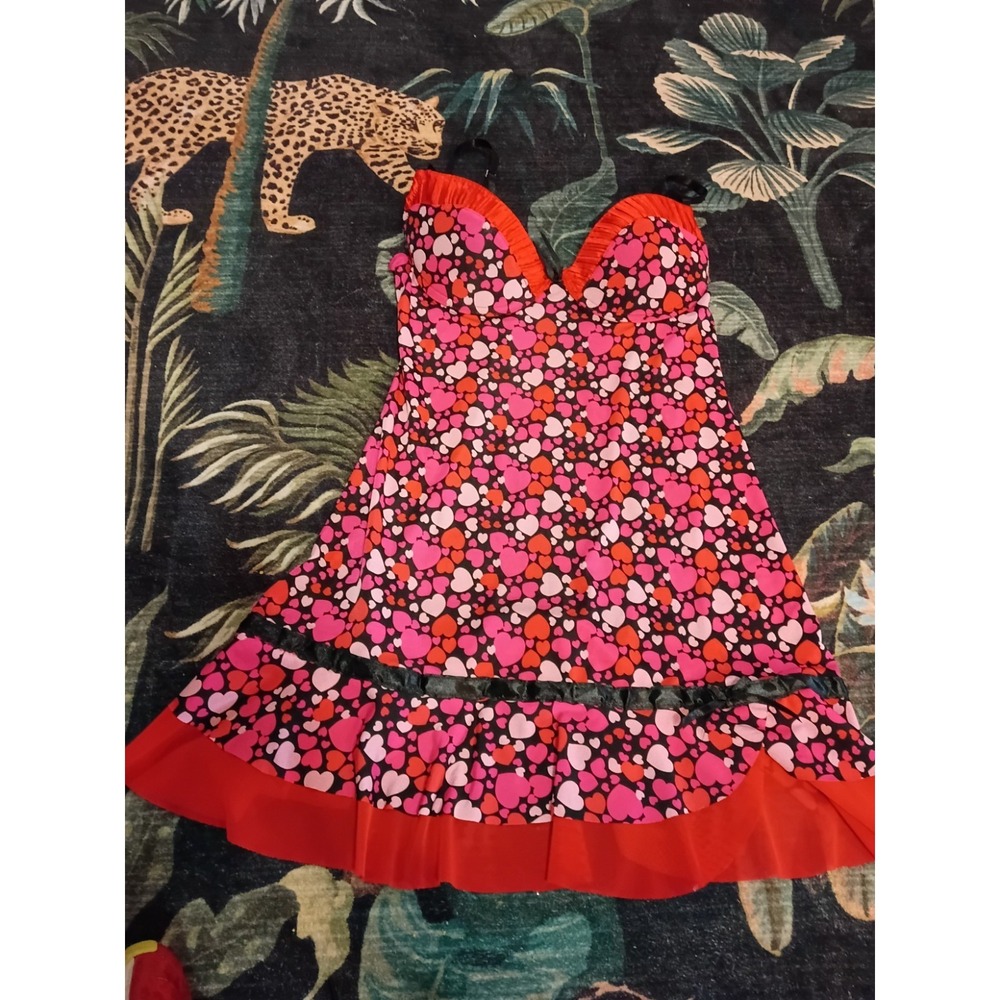 Inteco Intimates Heart Print Babydoll Lingerie Dress Size L Y2K Pink Red Nylon